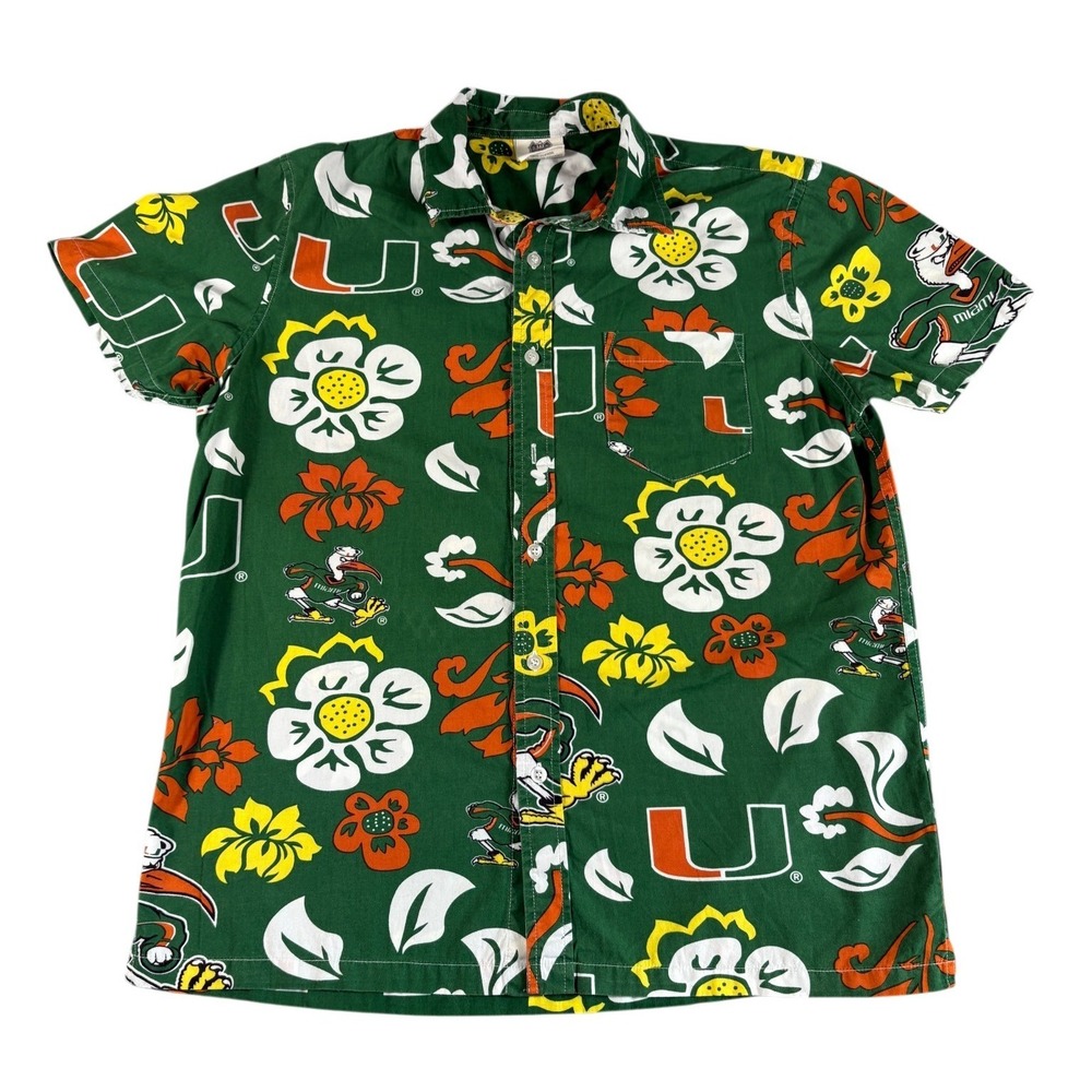 Wes and Willy Shirt Men Small Green Miami Hurricanes Floral Tropical Relaxed Fit